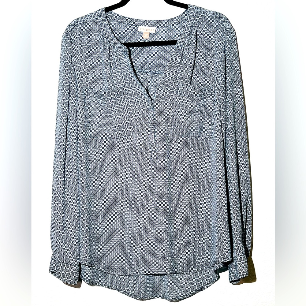 ROZ & ALI GEOMETRIC PULLOVER LONG SLEEVE TOP 2X